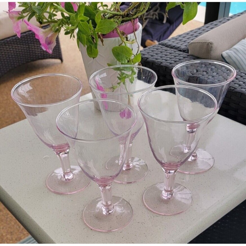 Vintage Set of 5 Light Pink Hand Blown Depression 6" Glass Wine Glasses